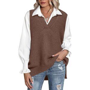 Women Brown Sweater Vest Sleeveless V Neck Oversized Knitted Pullover Fall